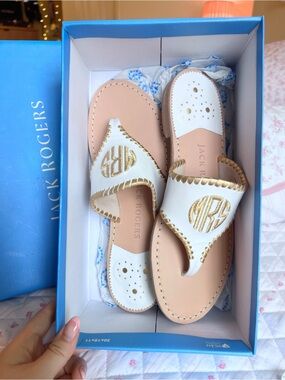Jack Rogers White “Mrs” Gold Embroidered Leather Thong Wedding Sandals Size 10